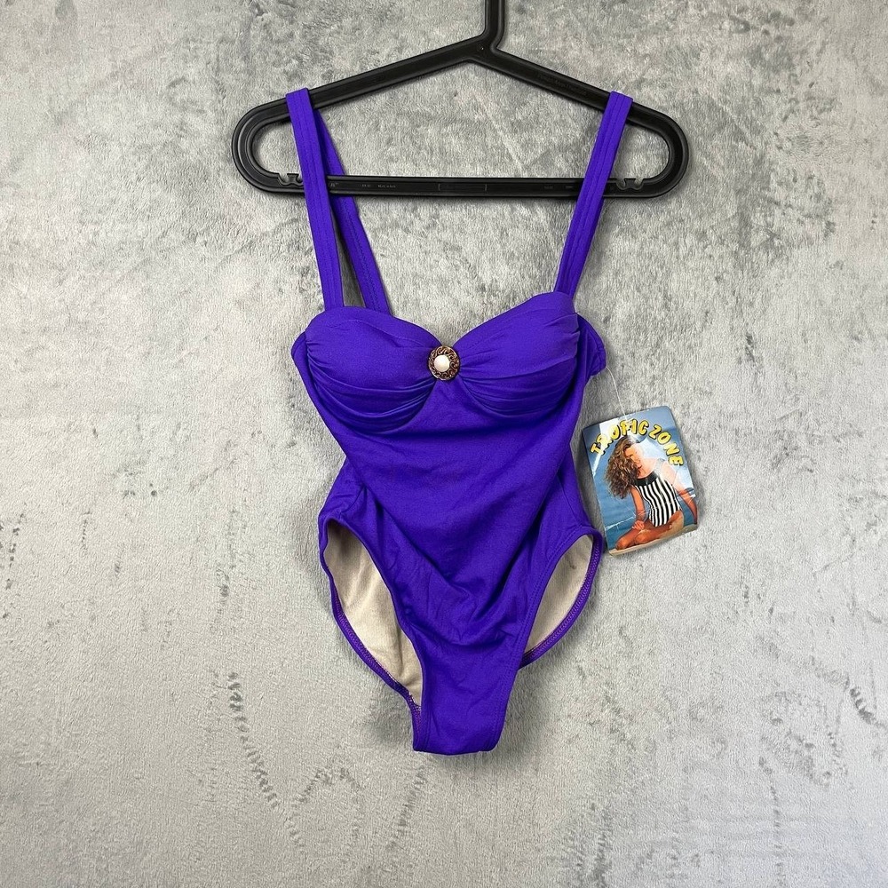 Vintage Tropic Zone Purple One Piece Swimsuit NWT XS Ruched Bust Pin Up